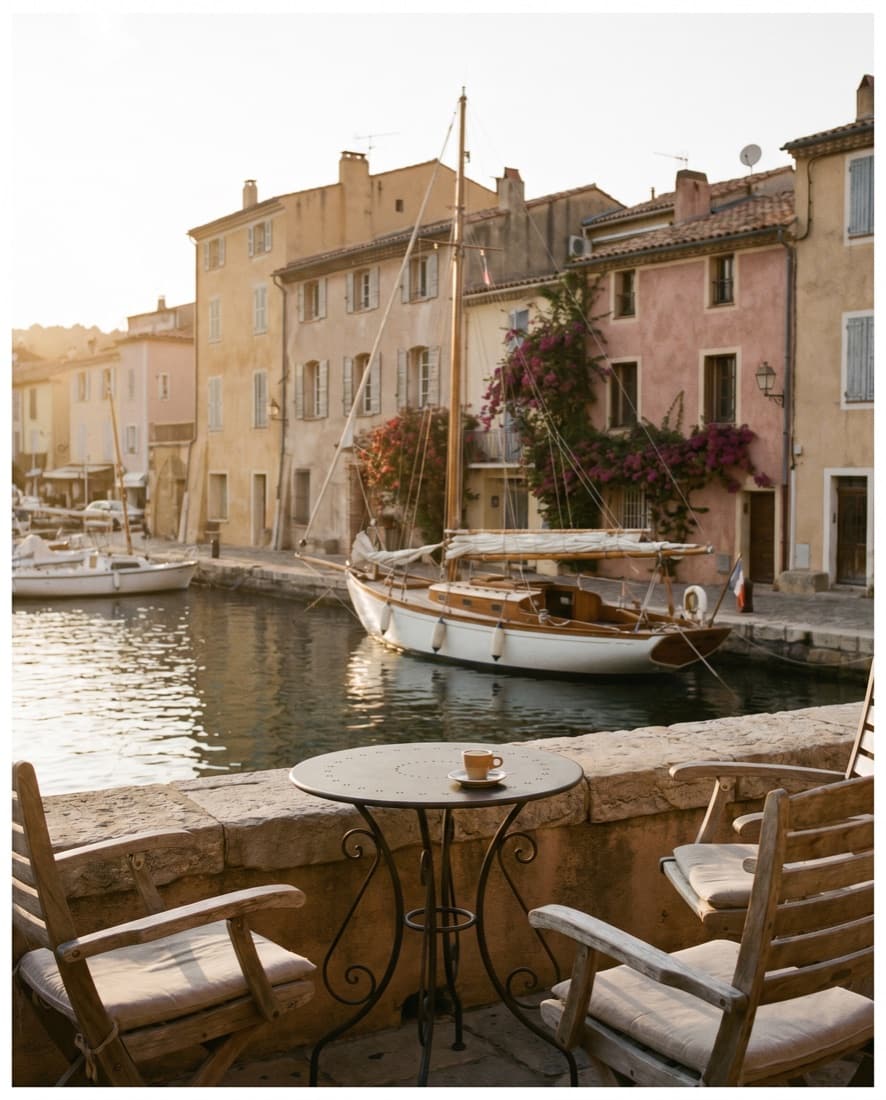 Vue sur le port de Saint-Tropez en automne, lumière dorée sur les façades ocre