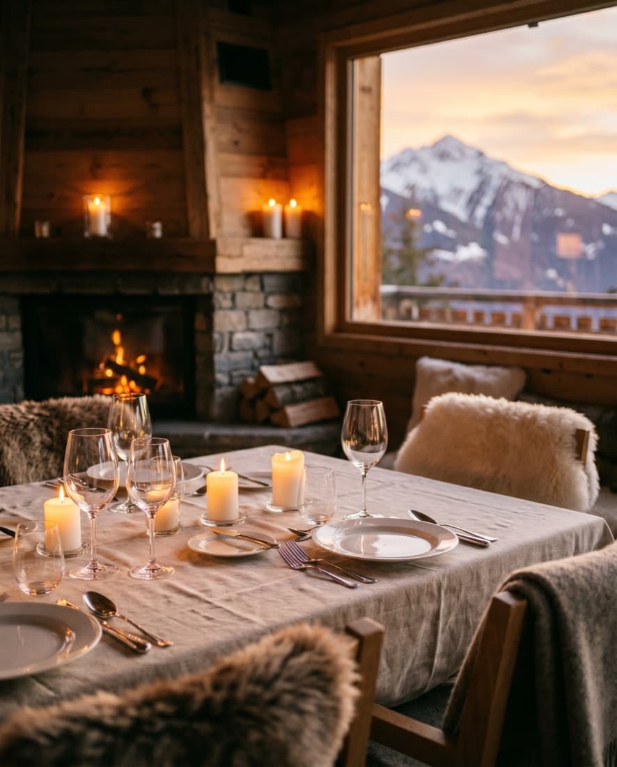 Set table in a mountain restaurant in Megève, soft light and aged wood