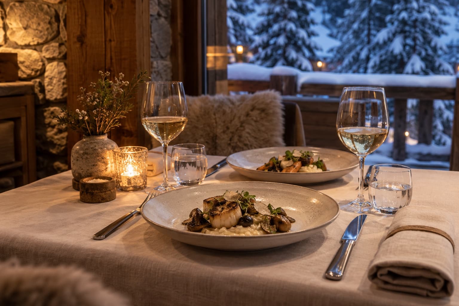 Illustration d’une table dressée dans une ambiance alpine, face à une forêt enneigée.