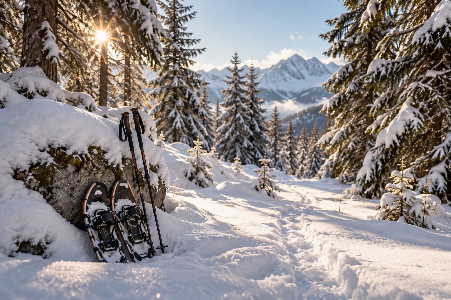 Illustration de raquettes et de bâtons près d’un chemin enneigé en forêt alpine.