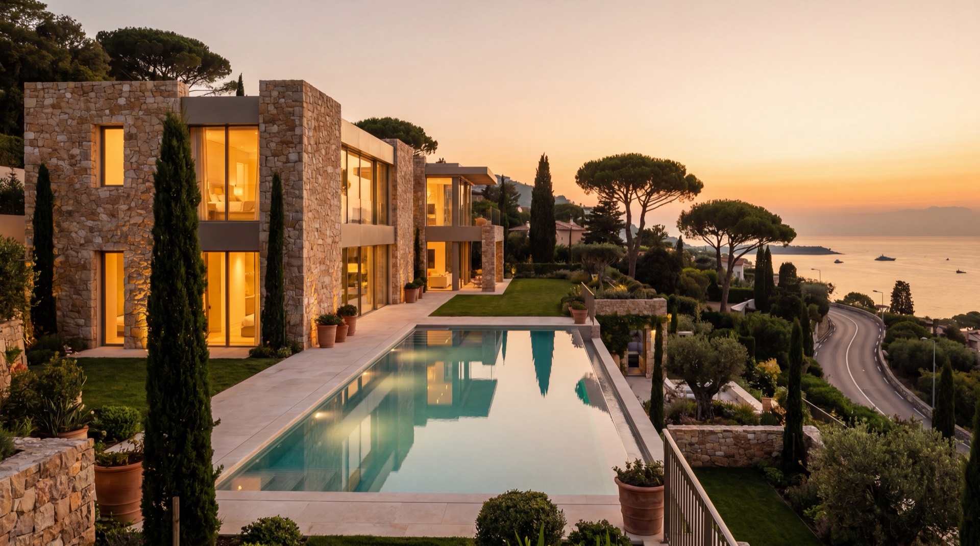 Villa de luxe avec piscine à débordement au coucher du soleil