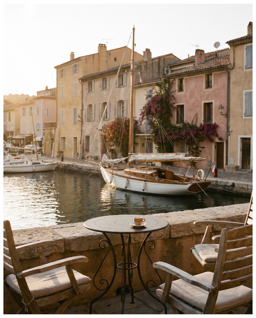Vue sur le port de Saint-Tropez en automne, lumière dorée sur les façades ocre