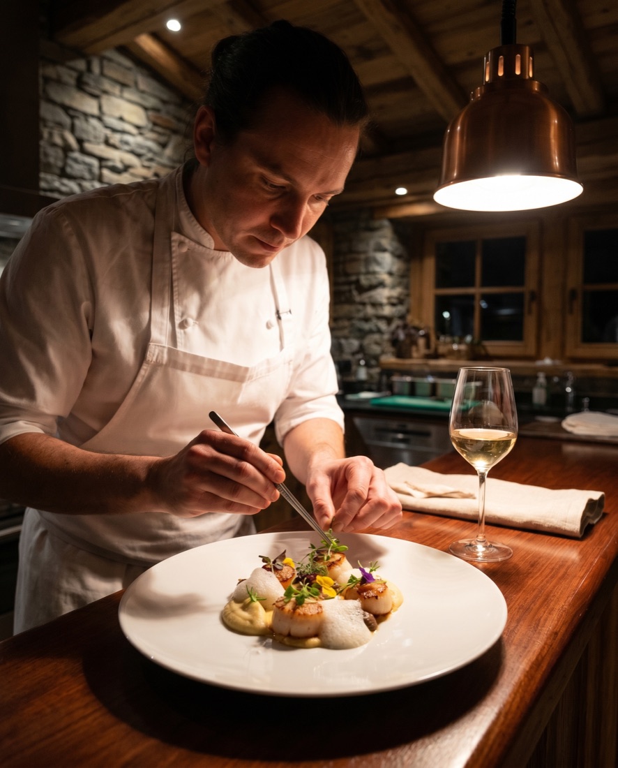 Chef privé préparant un dîner gastronomique dans un chalet de luxe