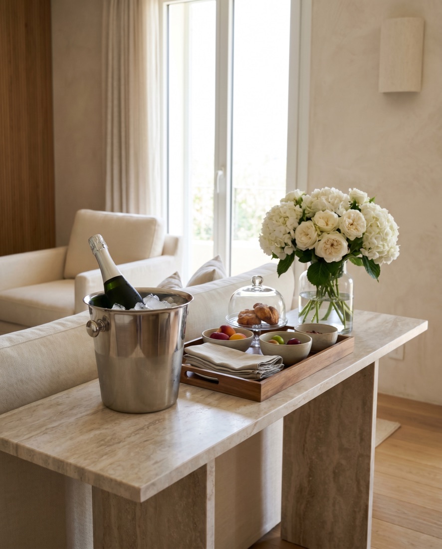 Intérieur d'une villa de luxe avec service de conciergerie privée et table dressée